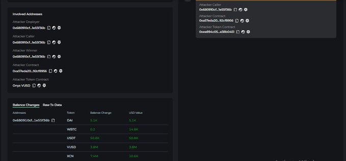 Onyx Protocol 漏洞遭黑客攻击，稳定币VUSD脱锚下跌70%