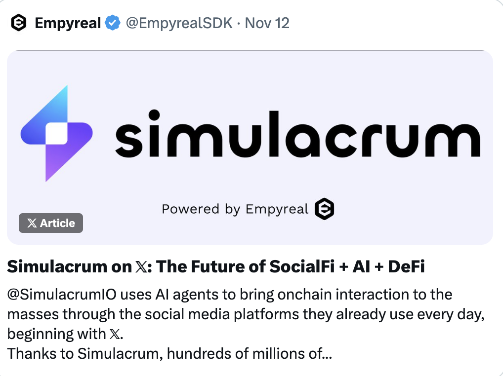 一文读懂Simmi和Empyereal：AI Agent新热点，用社媒账号直接进行链上代币操作