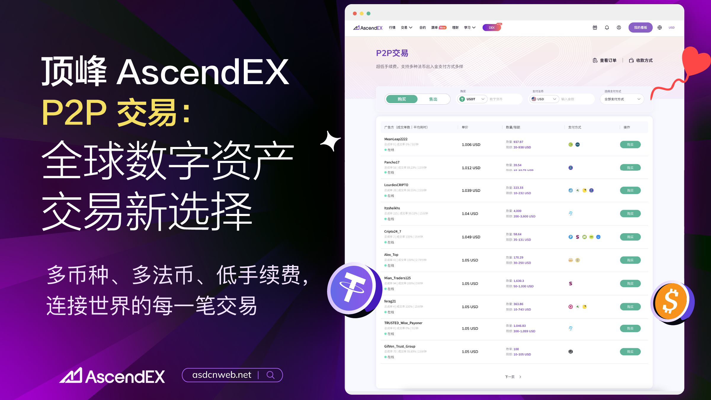 顶峰（AscendEX）推出P2P交易服务