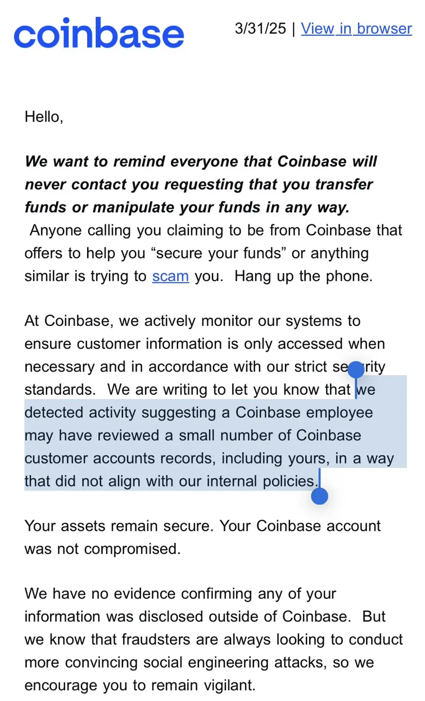 「内鬼」泄露信息，Coinbase用户遭遇精准诈骗